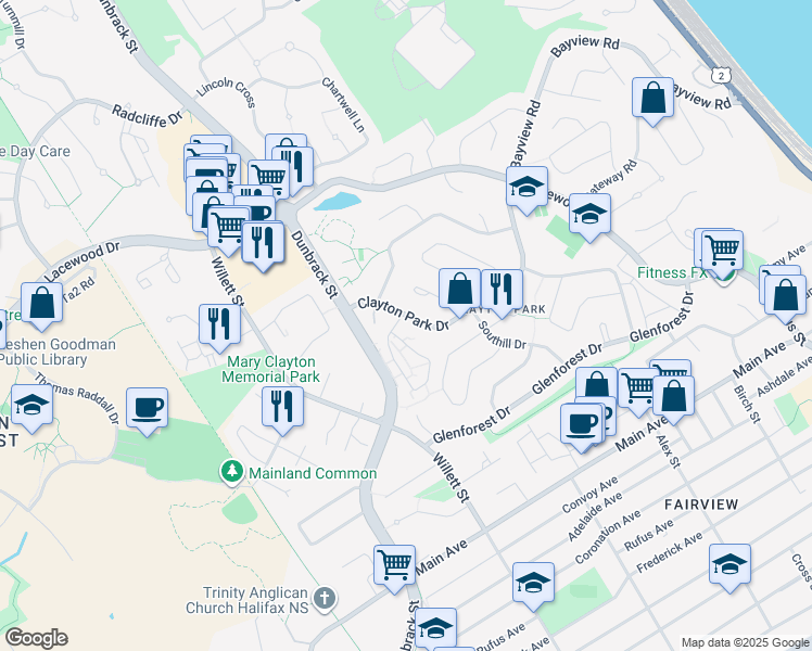 map of restaurants, bars, coffee shops, grocery stores, and more near 90 Clayton Park Drive in Halifax
