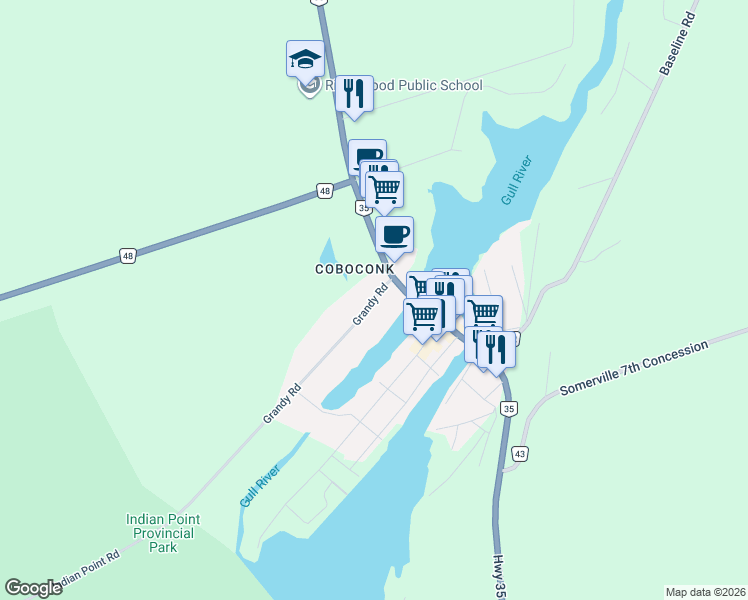 map of restaurants, bars, coffee shops, grocery stores, and more near 9 Grandy Road in Kawartha Lakes