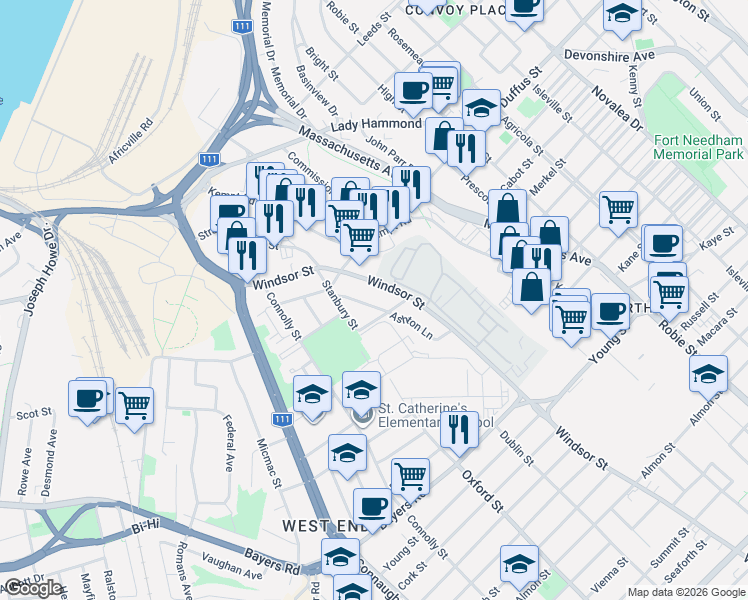 map of restaurants, bars, coffee shops, grocery stores, and more near 3405 Claremont Street in Halifax