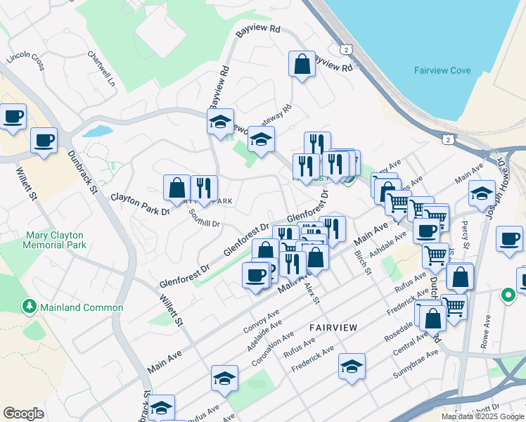 map of restaurants, bars, coffee shops, grocery stores, and more near 16 Oakburn Court in Halifax