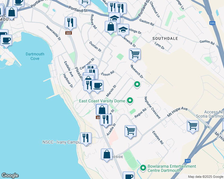 map of restaurants, bars, coffee shops, grocery stores, and more near Marvin Street in Dartmouth