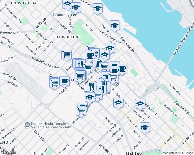 map of restaurants, bars, coffee shops, grocery stores, and more near 5665 Macara Street in Halifax