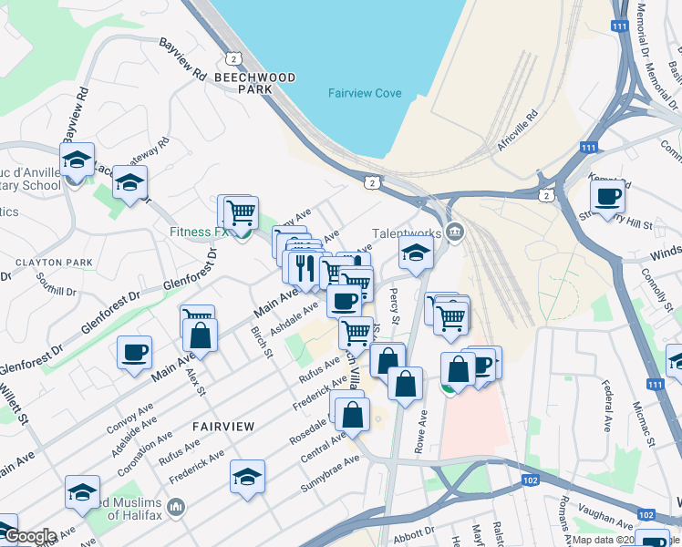 map of restaurants, bars, coffee shops, grocery stores, and more near 54 Main Avenue in Halifax