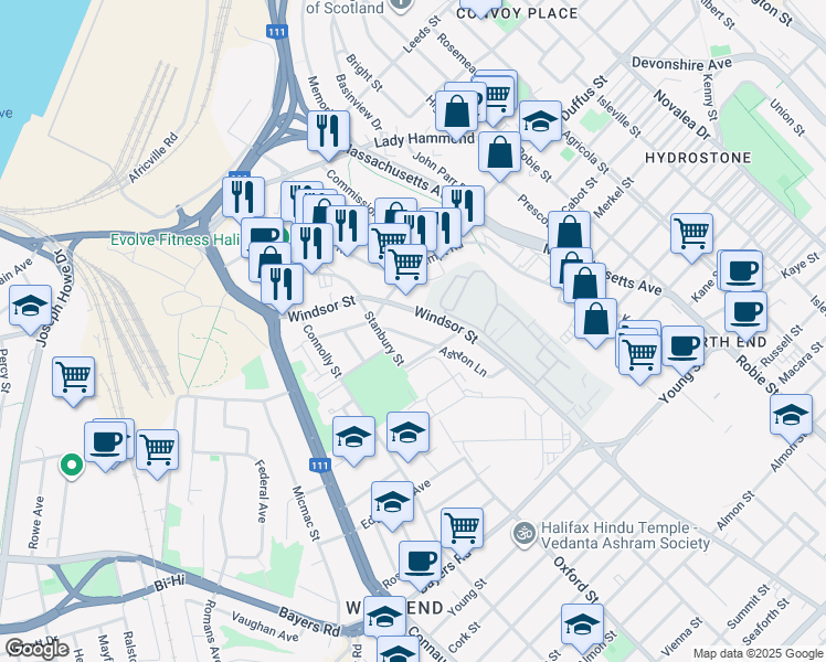 map of restaurants, bars, coffee shops, grocery stores, and more near 3419 Claremont Street in Halifax