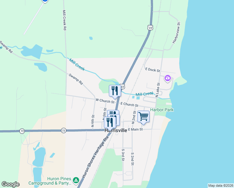map of restaurants, bars, coffee shops, grocery stores, and more near 100-198 West Church Street in Harrisville