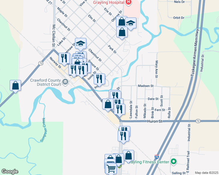 map of restaurants, bars, coffee shops, grocery stores, and more near in Grayling