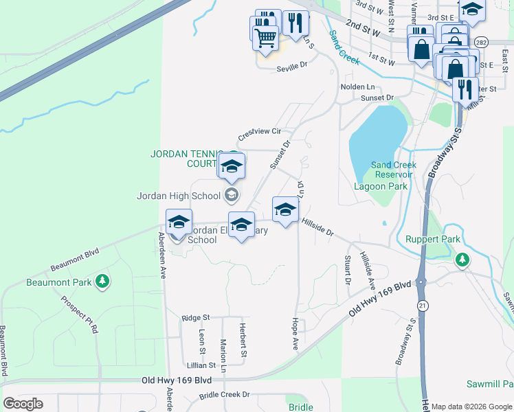 map of restaurants, bars, coffee shops, grocery stores, and more near 485 Sunset Drive in Jordan