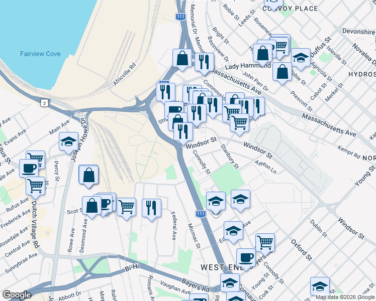 map of restaurants, bars, coffee shops, grocery stores, and more near 3628 Windsor Street in Halifax