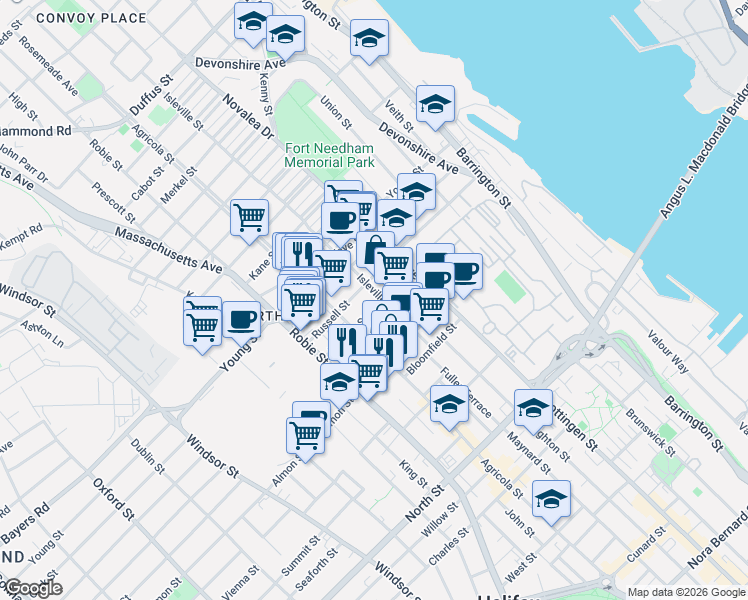 map of restaurants, bars, coffee shops, grocery stores, and more near in Halifax