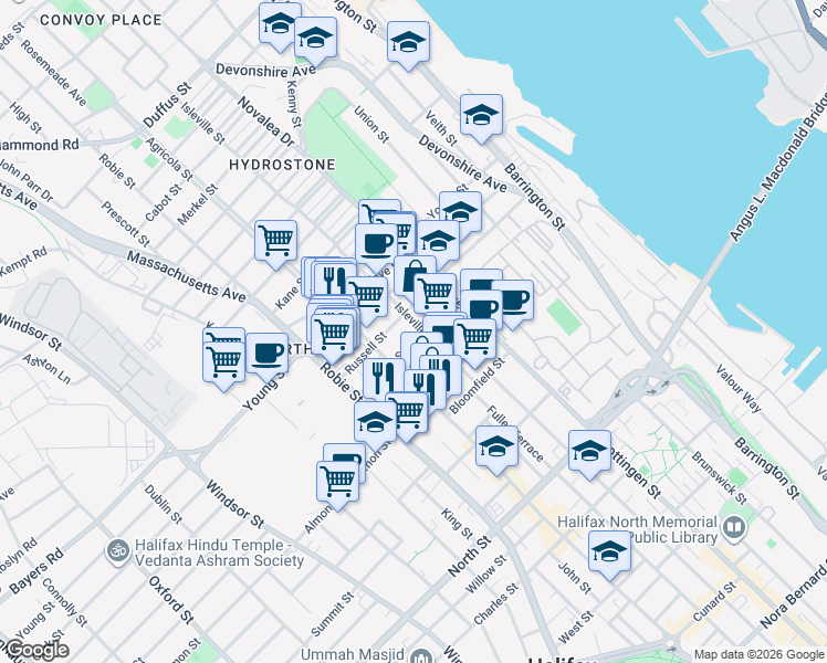 map of restaurants, bars, coffee shops, grocery stores, and more near 5651 Macara Street in Halifax