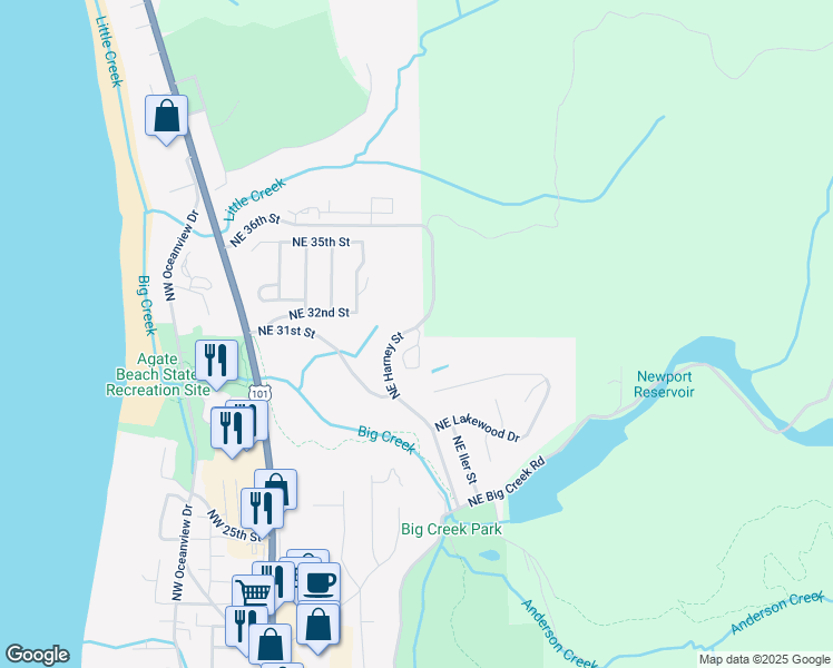 map of restaurants, bars, coffee shops, grocery stores, and more near 1345 Northeast Lakewood Drive in Newport