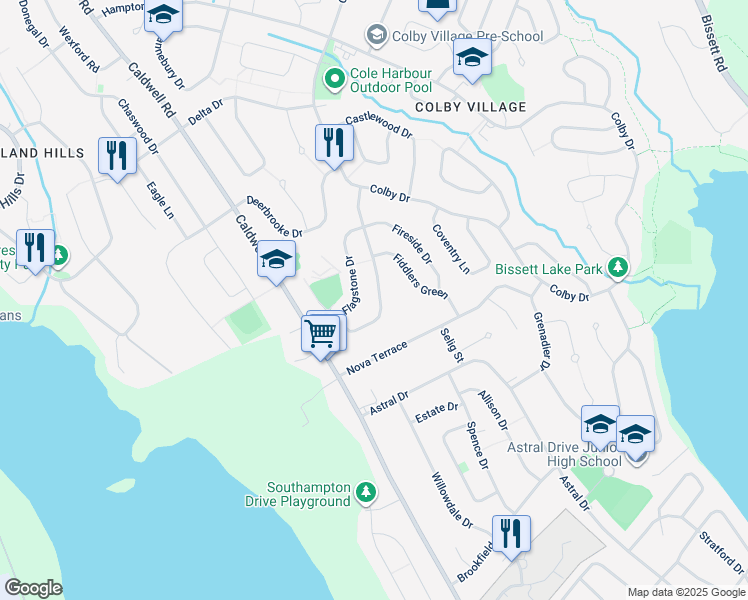 map of restaurants, bars, coffee shops, grocery stores, and more near 105 Flagstone Drive in Dartmouth