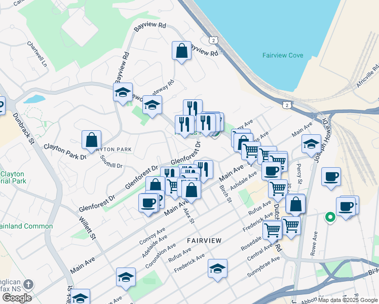 map of restaurants, bars, coffee shops, grocery stores, and more near 61 Glenforest Drive in Halifax