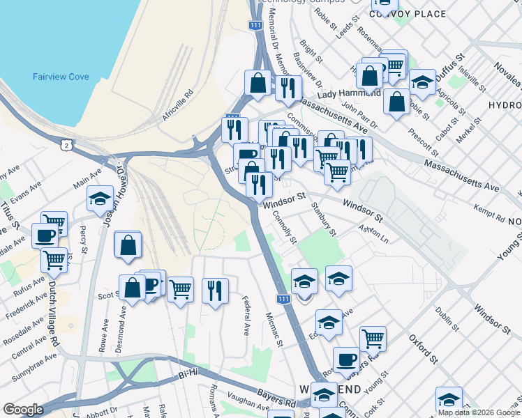 map of restaurants, bars, coffee shops, grocery stores, and more near 3646 Windsor Street in Halifax