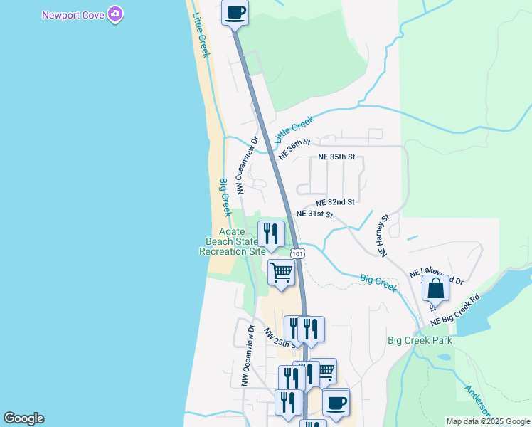 map of restaurants, bars, coffee shops, grocery stores, and more near Agate Beach State Wayside in Newport