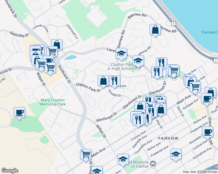 map of restaurants, bars, coffee shops, grocery stores, and more near 53 Southill Drive in Halifax
