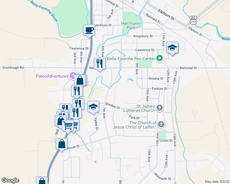 map of restaurants, bars, coffee shops, grocery stores, and more near 1722 8th Avenue in Belle Fourche
