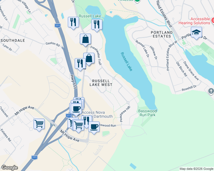 map of restaurants, bars, coffee shops, grocery stores, and more near 90 Lindenwood Terrace in Dartmouth