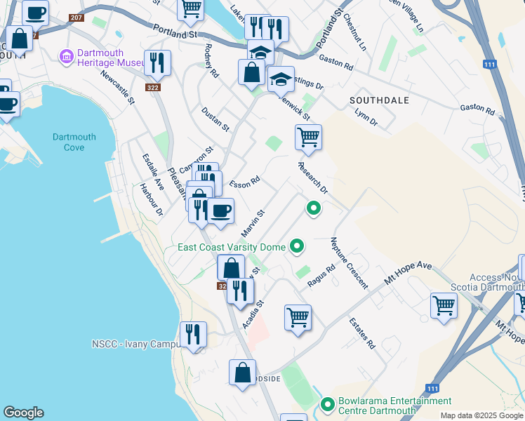 map of restaurants, bars, coffee shops, grocery stores, and more near Marvin Street in Dartmouth