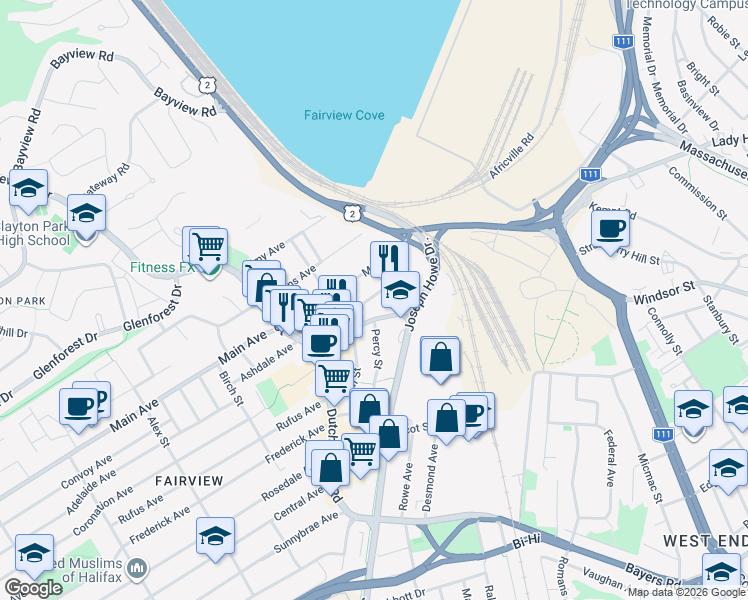 map of restaurants, bars, coffee shops, grocery stores, and more near 11 Mcfatridge Road in Halifax