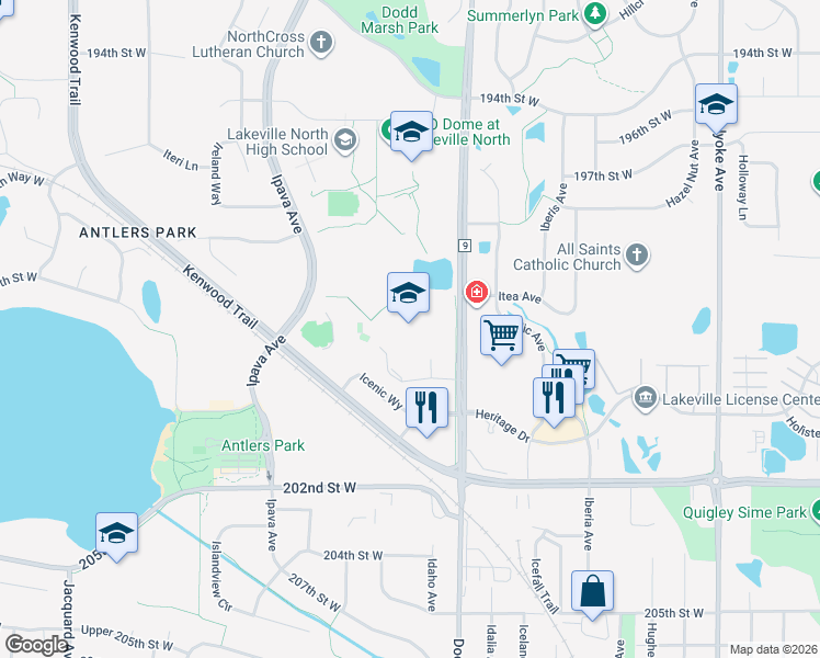 map of restaurants, bars, coffee shops, grocery stores, and more near 19875 Dodd Boulevard in Lakeville