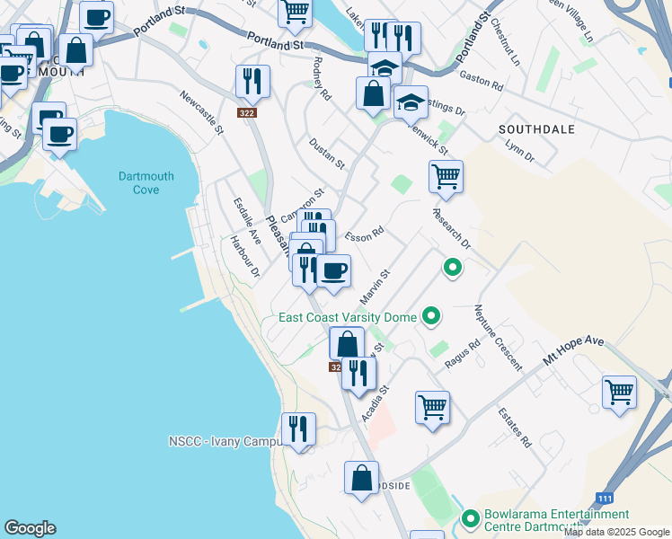 map of restaurants, bars, coffee shops, grocery stores, and more near 12A Brock Street in Dartmouth