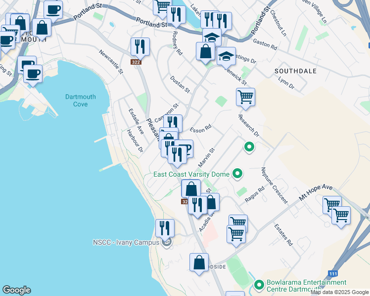 map of restaurants, bars, coffee shops, grocery stores, and more near 12A Brock Street in Dartmouth