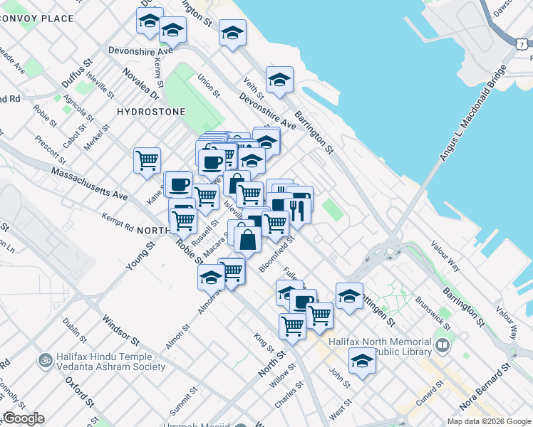 map of restaurants, bars, coffee shops, grocery stores, and more near 5511 Bilby Street in Halifax