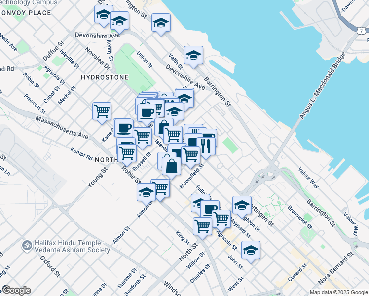 map of restaurants, bars, coffee shops, grocery stores, and more near 5511 Bilby Street in Halifax