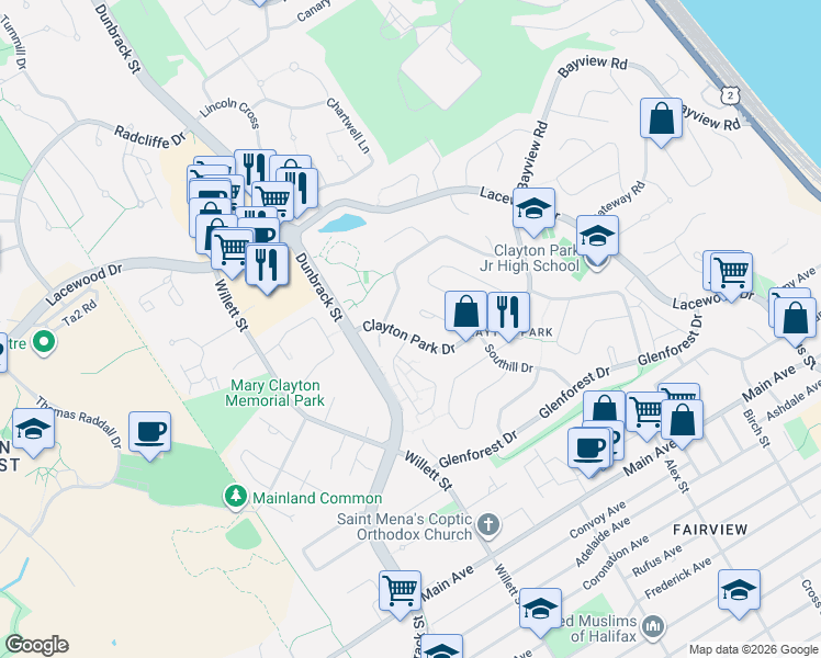 map of restaurants, bars, coffee shops, grocery stores, and more near 89 Clayton Park Drive in Halifax