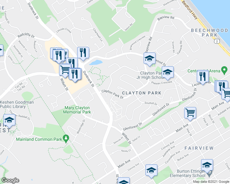 map of restaurants, bars, coffee shops, grocery stores, and more near 89 Clayton Park Drive in Halifax
