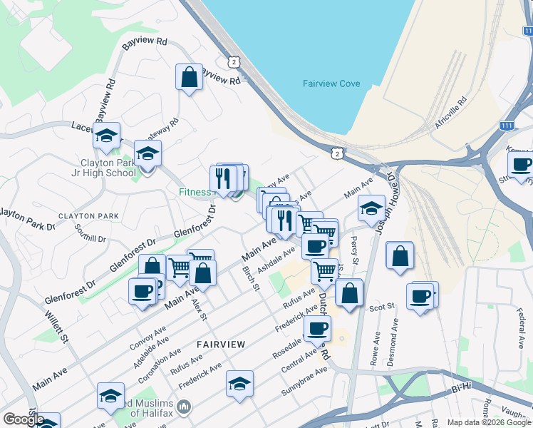map of restaurants, bars, coffee shops, grocery stores, and more near 34 Titus Street in Halifax