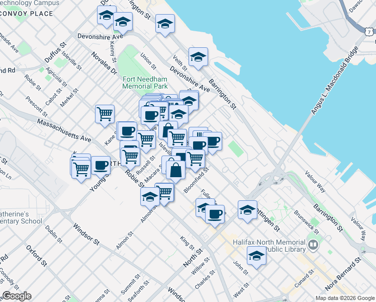 map of restaurants, bars, coffee shops, grocery stores, and more near 5511 Bilby Street in Halifax