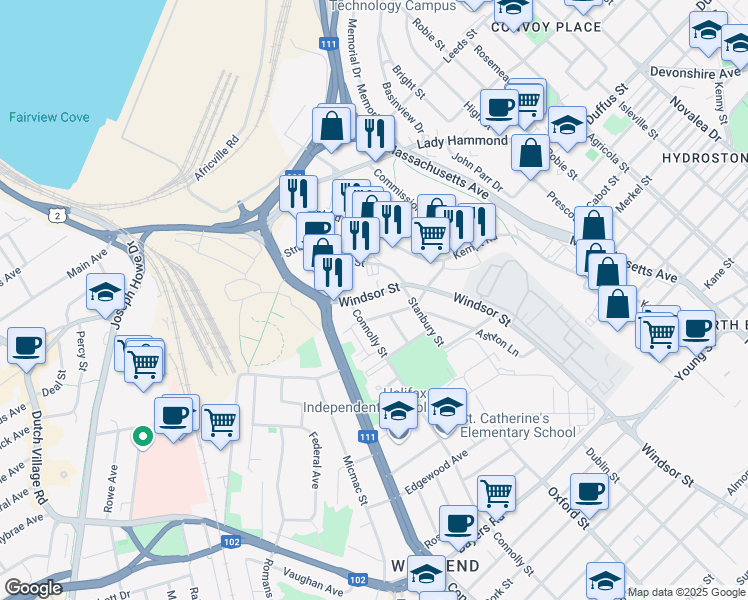 map of restaurants, bars, coffee shops, grocery stores, and more near 3582 Windsor Street in Halifax