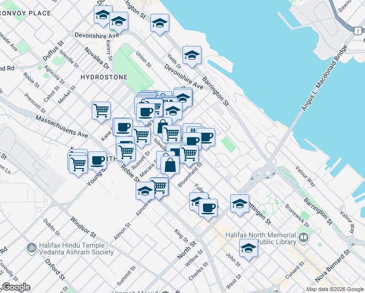 map of restaurants, bars, coffee shops, grocery stores, and more near 5511 Bilby Street in Halifax
