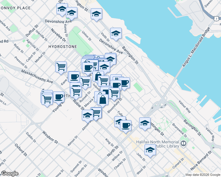 map of restaurants, bars, coffee shops, grocery stores, and more near 5511 Bilby Street in Halifax