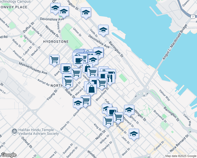 map of restaurants, bars, coffee shops, grocery stores, and more near 5511 Bilby Street in Halifax