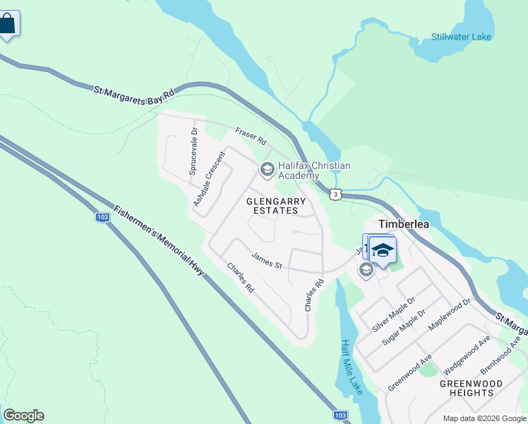 map of restaurants, bars, coffee shops, grocery stores, and more near 100 Greendale Court in Timberlea
