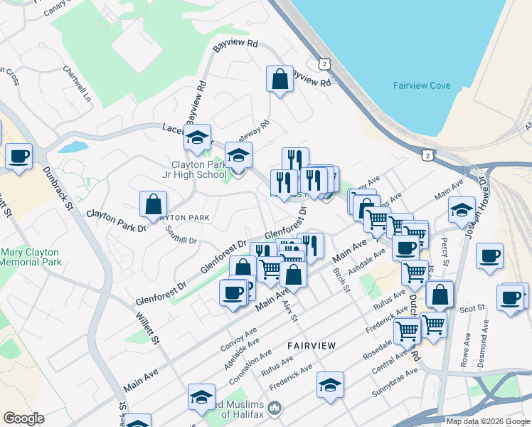 map of restaurants, bars, coffee shops, grocery stores, and more near 13 Plateau Crescent in Halifax