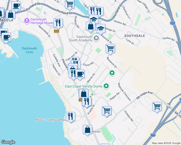 map of restaurants, bars, coffee shops, grocery stores, and more near 15 Hilltop Terrace in Dartmouth