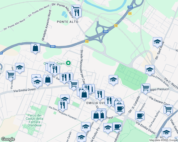 map of restaurants, bars, coffee shops, grocery stores, and more near 45 Via Brunetto Latini in Modena