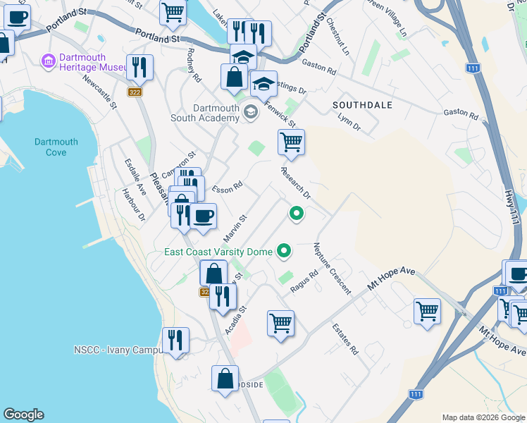 map of restaurants, bars, coffee shops, grocery stores, and more near 331 Chadwick Street in Dartmouth