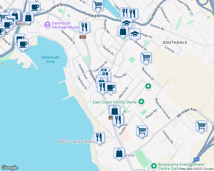 map of restaurants, bars, coffee shops, grocery stores, and more near 205 Pleasant Street in Dartmouth