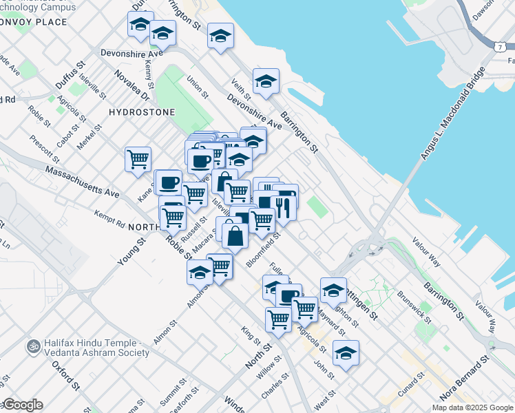 map of restaurants, bars, coffee shops, grocery stores, and more near 5511 Bilby Street in Halifax