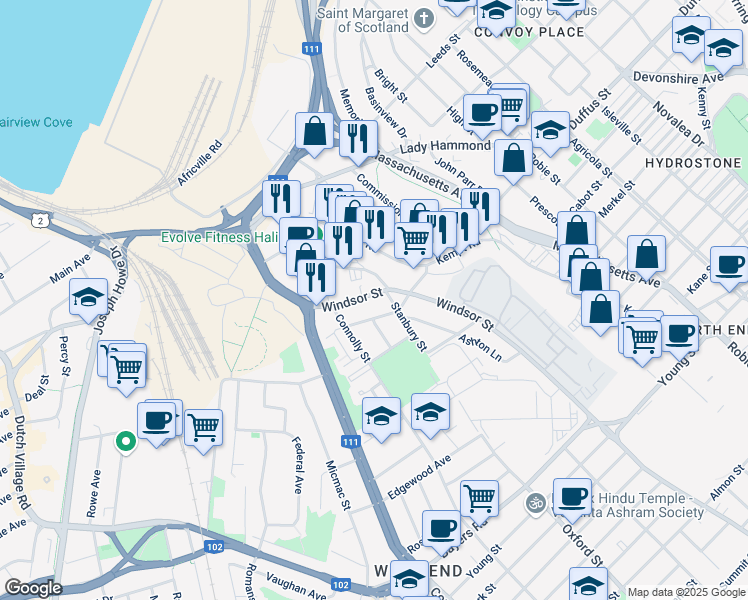 map of restaurants, bars, coffee shops, grocery stores, and more near 3556 Windsor Street in Halifax