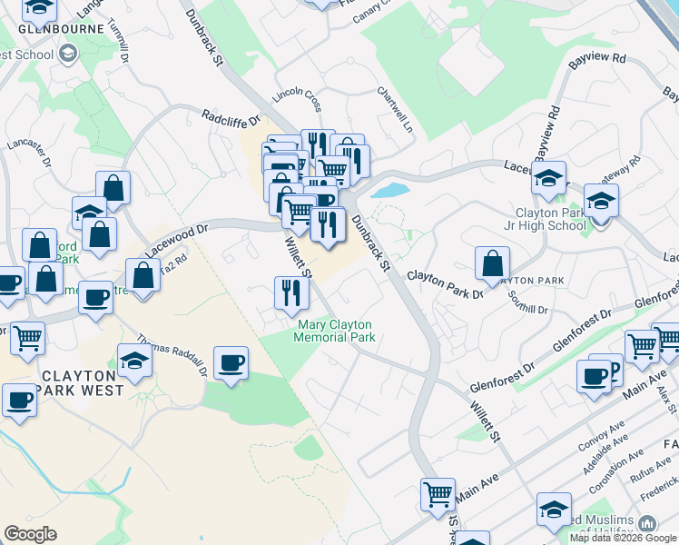 map of restaurants, bars, coffee shops, grocery stores, and more near 211 Harlington Crescent in Halifax