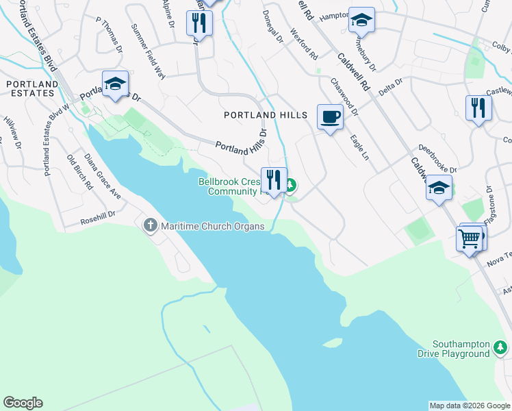 map of restaurants, bars, coffee shops, grocery stores, and more near 38 Edgewater Close in Dartmouth