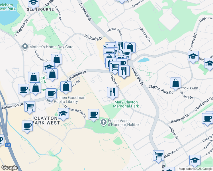 map of restaurants, bars, coffee shops, grocery stores, and more near 41 Chadwick Place in Halifax
