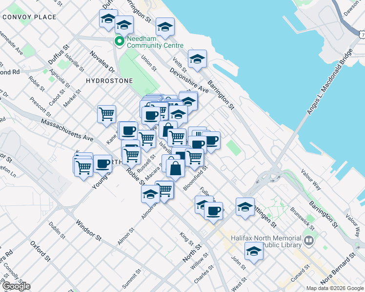 map of restaurants, bars, coffee shops, grocery stores, and more near 5518 Macara Street in Halifax