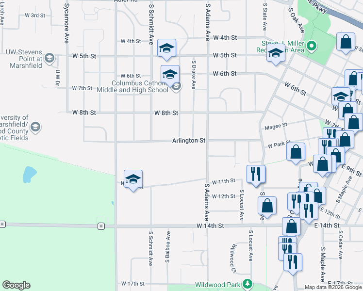 map of restaurants, bars, coffee shops, grocery stores, and more near 1203 Arlington Street in Marshfield